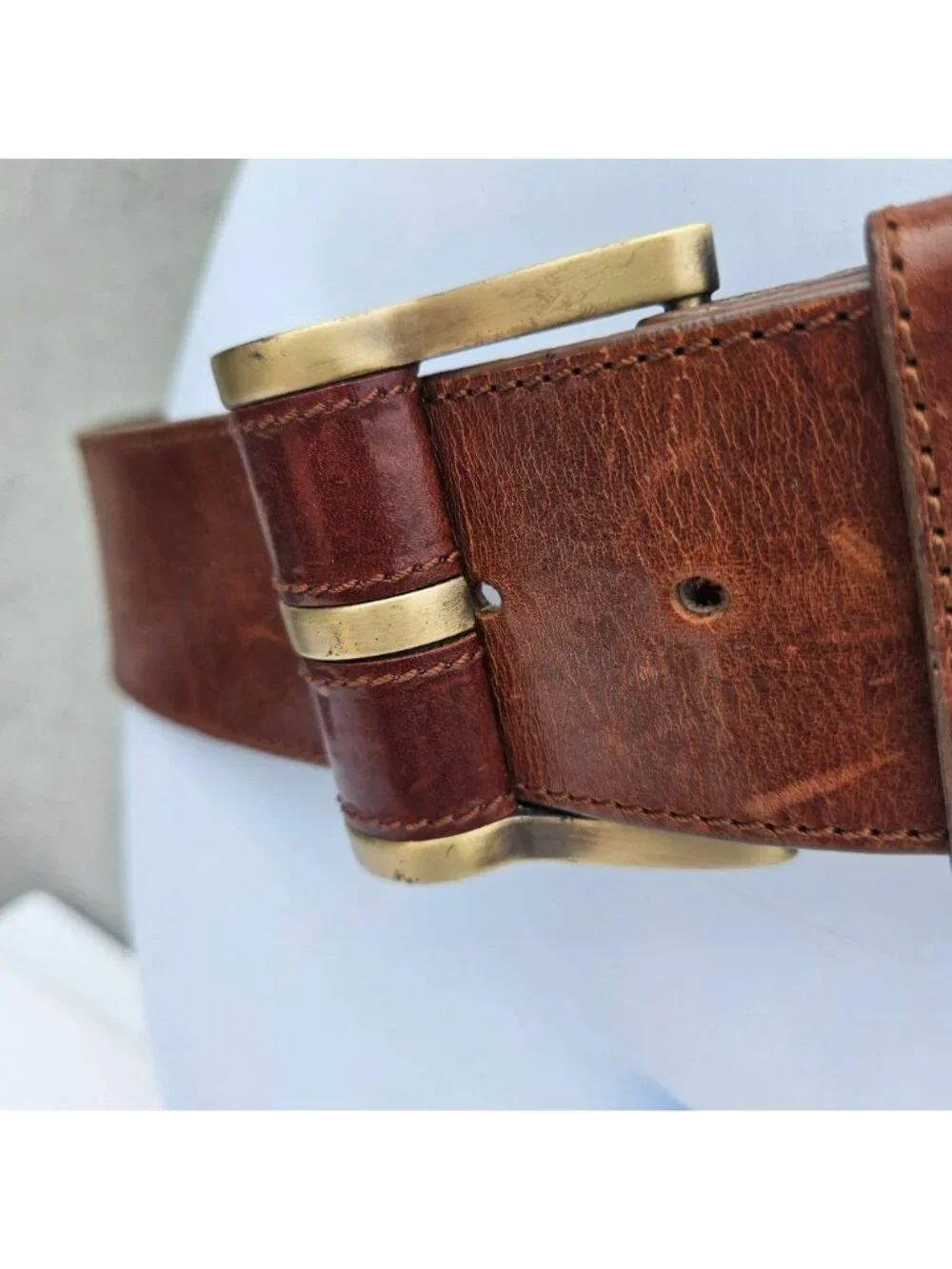 DKNY Donna Karan Wide Brown Leather Belt Brass Buckle Italy Sz L 31-36